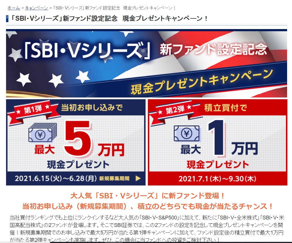 「SBI・Vシリーズ」新ファンド設定記念　現金プレゼントキャンペーン！１