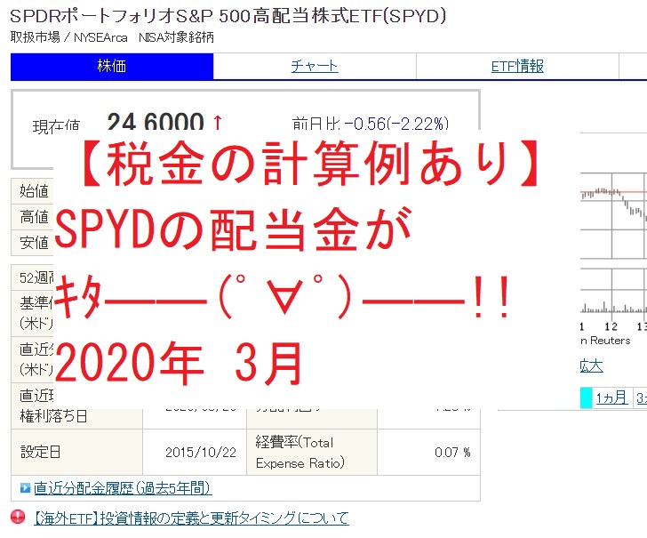 【税金の計算例あり】SPYDの配当金がｷﾀ――(ﾟ∀ﾟ)――!!2020年 3月